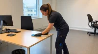Städare torkar av ett skrivbord under pågående kontorsstädning i Norrköping.