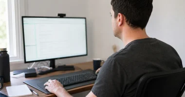 Person som sitter vid ett skrivbord och söker information om att synas på Google.