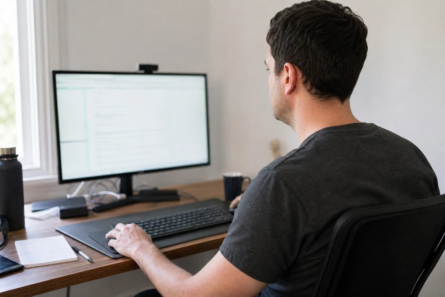 Person som sitter vid ett skrivbord och söker information om att synas på Google.