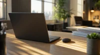 Kontorsmiljö med laptop och dokument, symboliserar företagssäkerhet