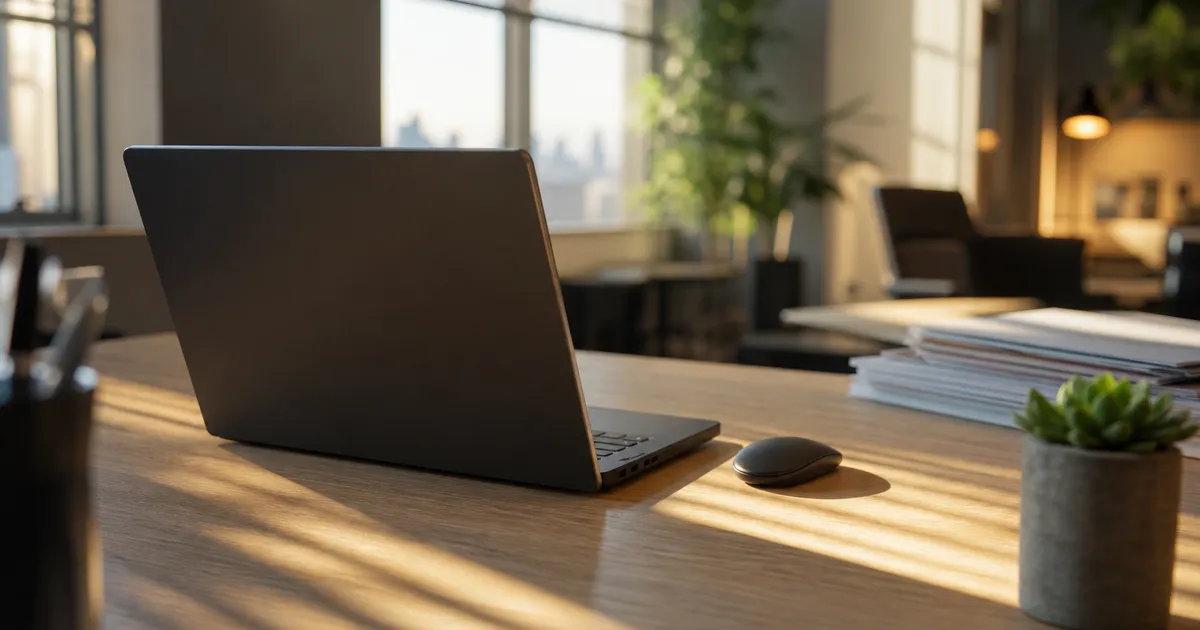 Kontorsmiljö med laptop och dokument, symboliserar företagssäkerhet