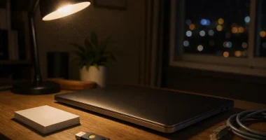 Bärbar dator och säkerhetsnyckel på skrivbord i kvällsljus