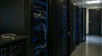 Serverhall med kabeldragning som symboliserar datalagring hos molnleverantör