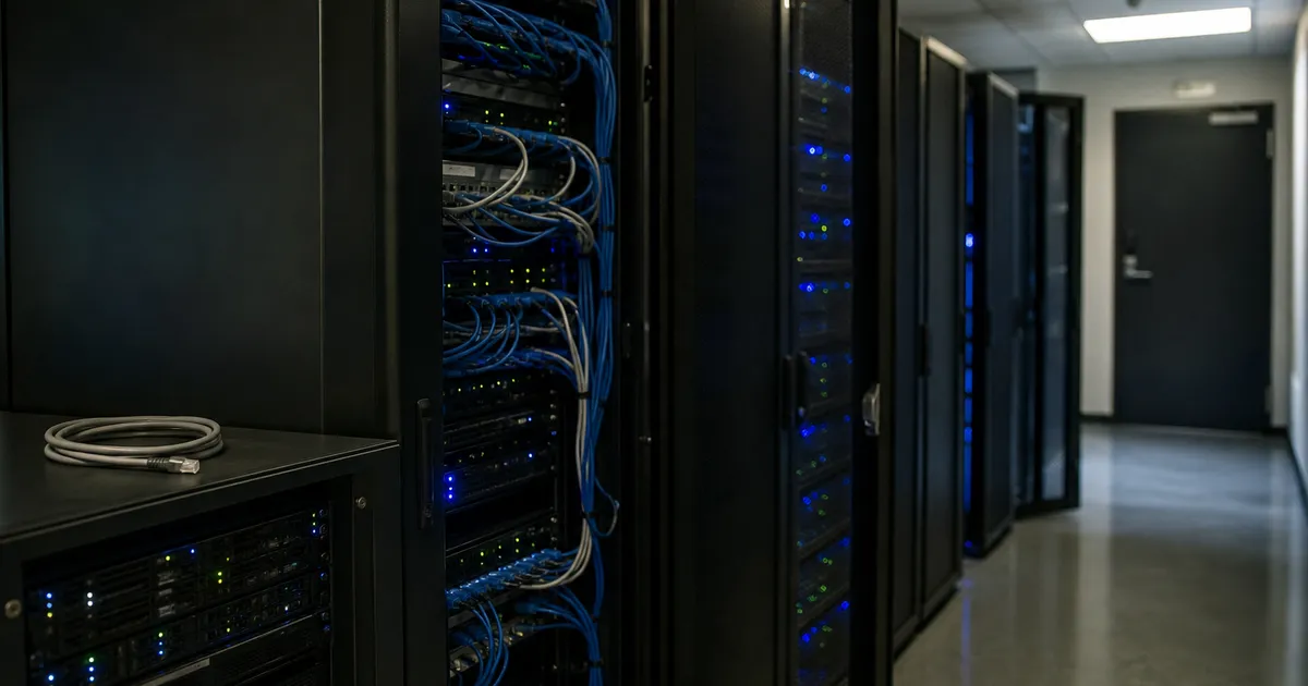 Serverhall med kabeldragning som symboliserar datalagring hos molnleverantör