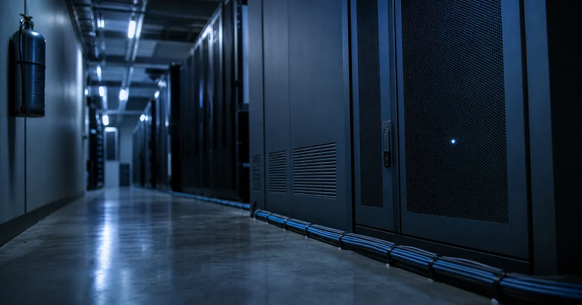 Serverrumskorridor med blått ljus, symbol för cyberförsäkring och IT-infrastruktur