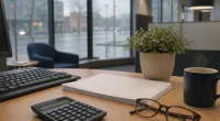 Tomt skrivbord på ett bankkontor med räknare och blankett i morgonljus