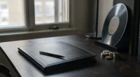 Skivbolagsmapp och vinylskiva som symboliserar rättighetsbolag och kapital