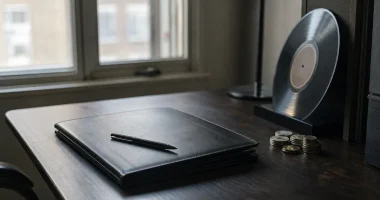 Skivbolagsmapp och vinylskiva som symboliserar rättighetsbolag och kapital