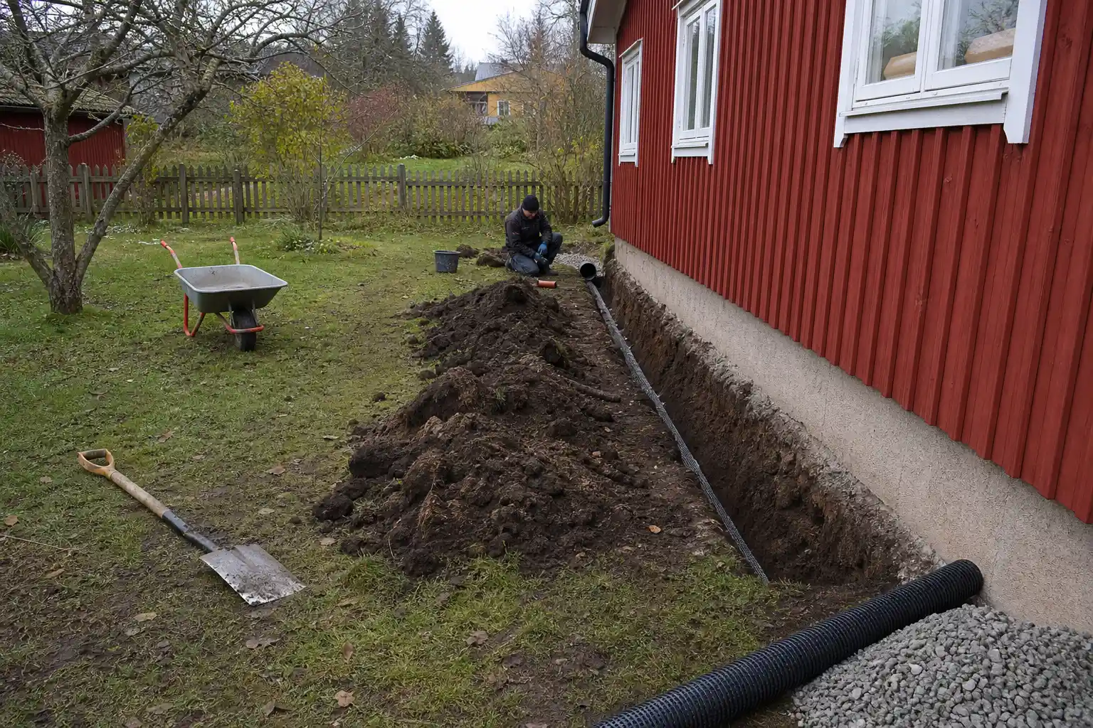 Dräneringsarbete vid husgrund i trädgården, en fråga om man får göra avdrag för dränering