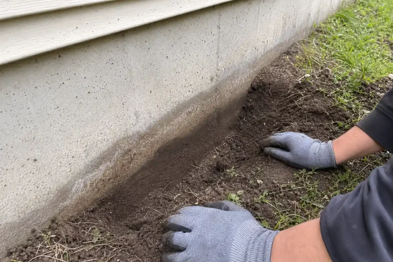 Handskbeklädda händer skrapar bort jord vid husgrunden för att undersöka fukt, inför frågan om man får göra avdrag för drä...