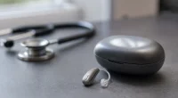 Liten hörapparat med laddningsfodral på ett bord