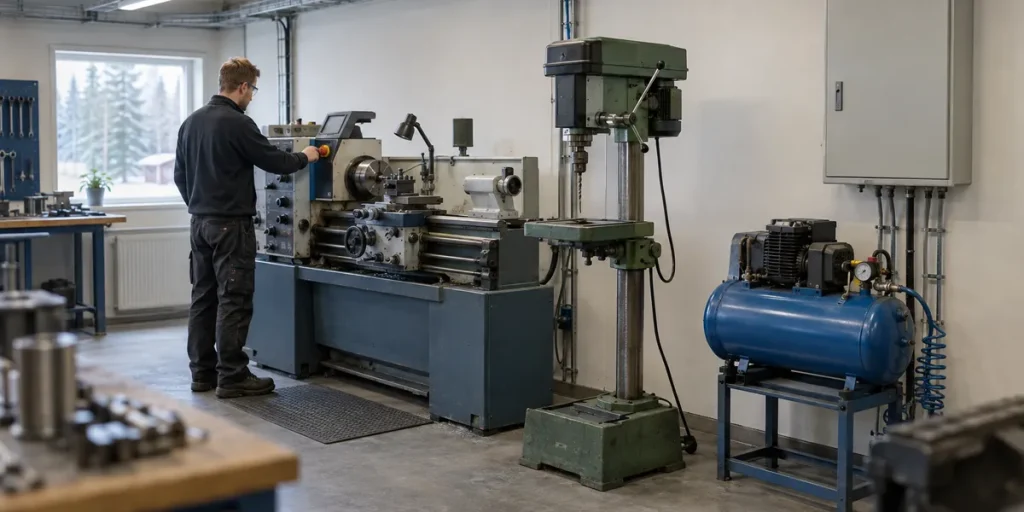 Verkstad med svarv, pelarborr och kompressor längs väggen