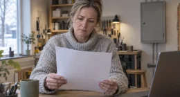 Företagare läser elräkningen vid skrivbordet i en mindre verksamhetslokal