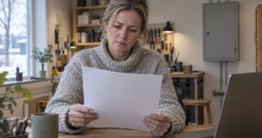 Företagare läser elräkningen vid skrivbordet i en mindre verksamhetslokal