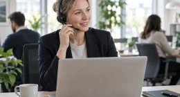Mötesbokare med headset vid ett skrivbord i ett ljust kontorslandskap