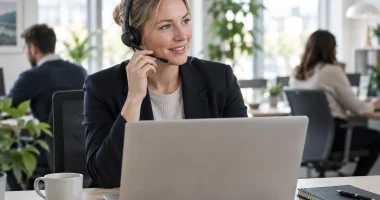 Mötesbokare med headset vid ett skrivbord i ett ljust kontorslandskap