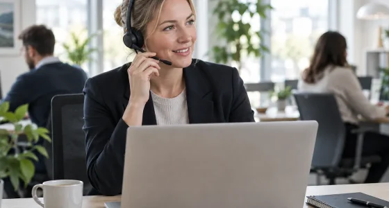 Mötesbokare med headset vid ett skrivbord i ett ljust kontorslandskap