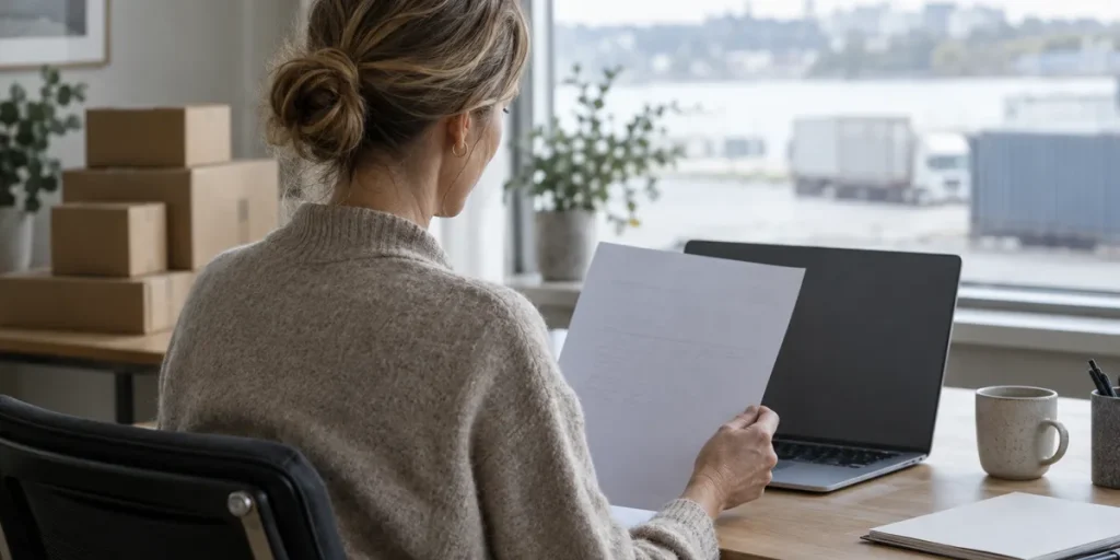 Kvinna vid ett skrivbord som jämför en utskriven faktura med en bärbar dator, med kartonger på ett sidobord