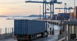 Lastbil med en container vid grinden till en containerterminal i en hamn i morgonljus