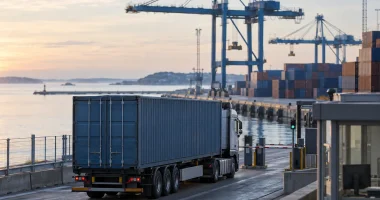 Lastbil med en container vid grinden till en containerterminal i en hamn i morgonljus