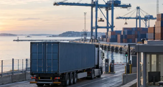 Lastbil med en container vid grinden till en containerterminal i en hamn i morgonljus