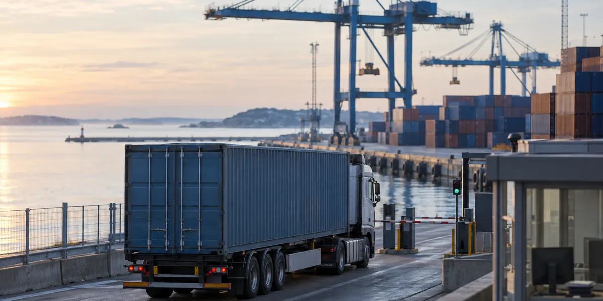 Lastbil med en container vid grinden till en containerterminal i en hamn i morgonljus