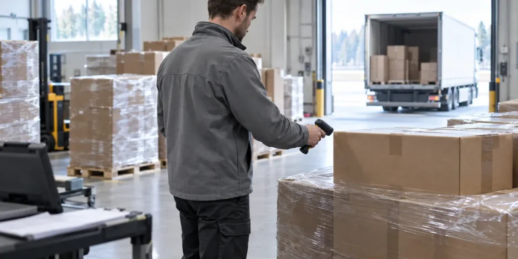 Lagerarbetare skannar en kartong på en lastpall i ett ljust lager med en öppen lastport
